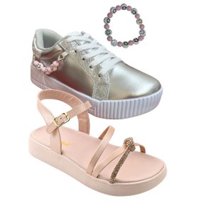 05 kit 2 pares sandalia menina infantil brilho e tenis casual com brinde conforto estilo grugui